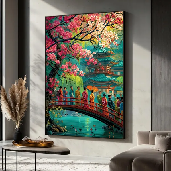 Japanese Culture Painting, Geisha And Temple Scene Art Print