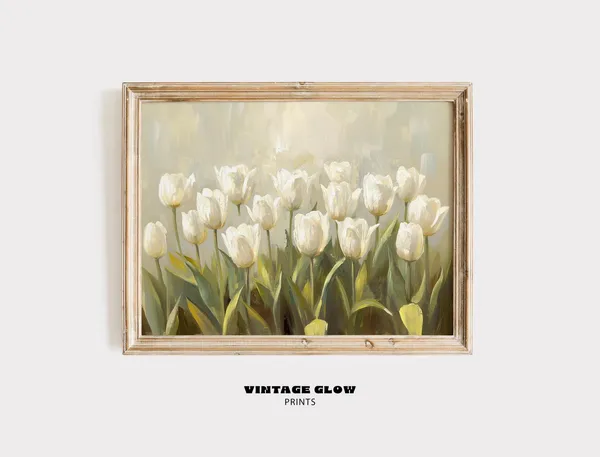 Vintage White Tulip Flower Print, French Country Decor