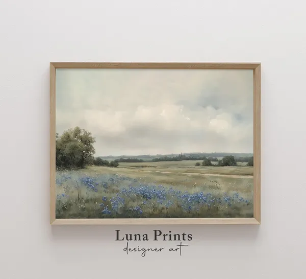 Flower Field Landscape Painting, Blue Floral Vintage Art
