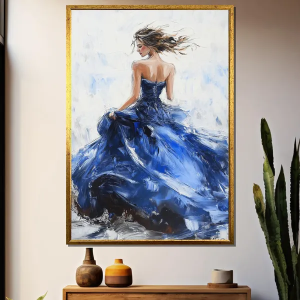 Elegant Woman In Blue Gown, Abstract Art Print