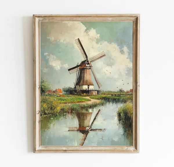 Amsterdam Windmill Vintage Dutch Landscape Art Print