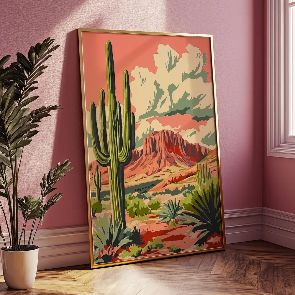 Southwestern Desert Landscape Retro Cactus Poster