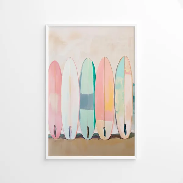 Pastel Surfboard Poster, Coastal Ocean Travel Poster