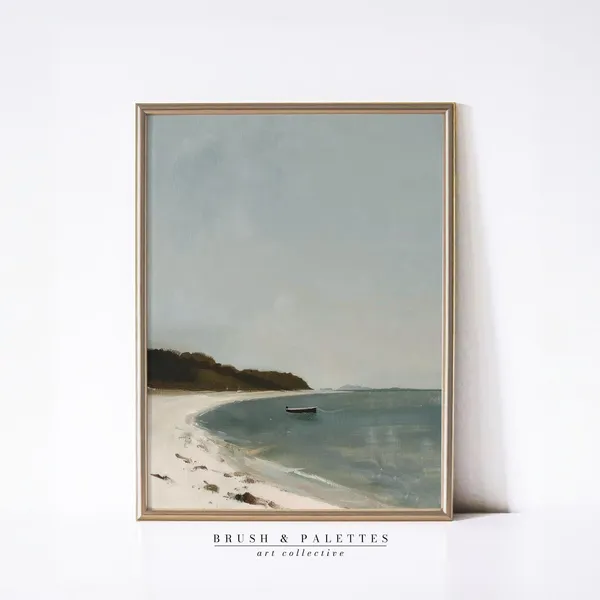 Minimalist Coastal Beach Oil Painting, Serene Shoreline