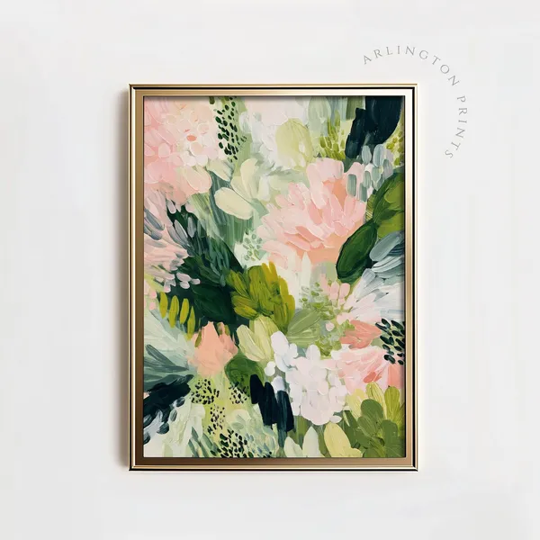 Pink Green Abstract Floral Poster, Maximalist Boho Decor