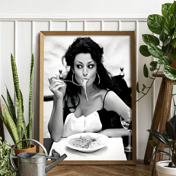 Woman Eating Spaghetti Vintage Black and White Art Print