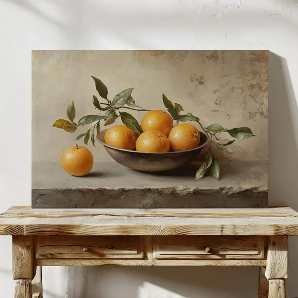 Vintage Still Life Oranges With Leaves, Rustic Bowl