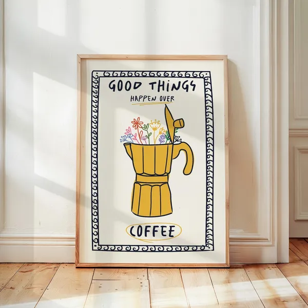 Retro Moka Pot Flower Italian Coffee Art Print