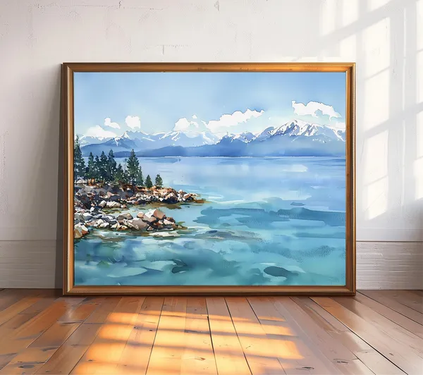Lake Tahoe Watercolor Print, Snowy Mountain Landscape