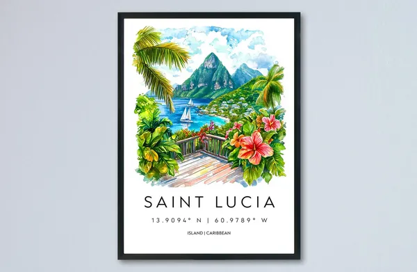 Saint Lucia Watercolor Travel Poster, Caribbean Landscape