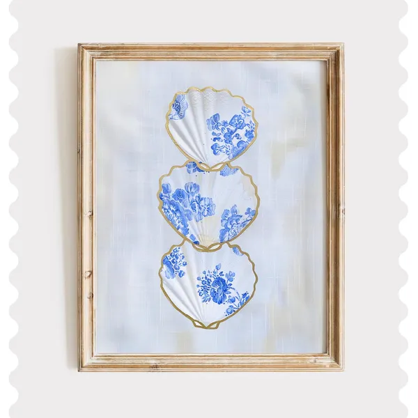 Chinoiserie Shell Print, Coastal Art With Gold Trim