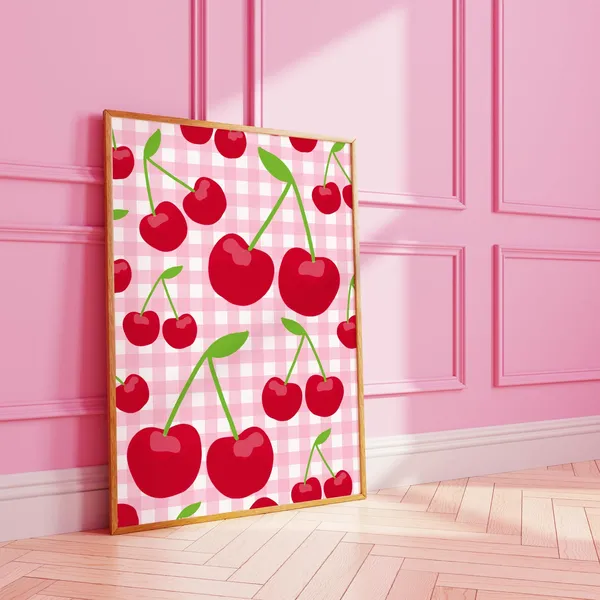 Gingham Cherry Poster, Funky Stripy Fruit Art Print