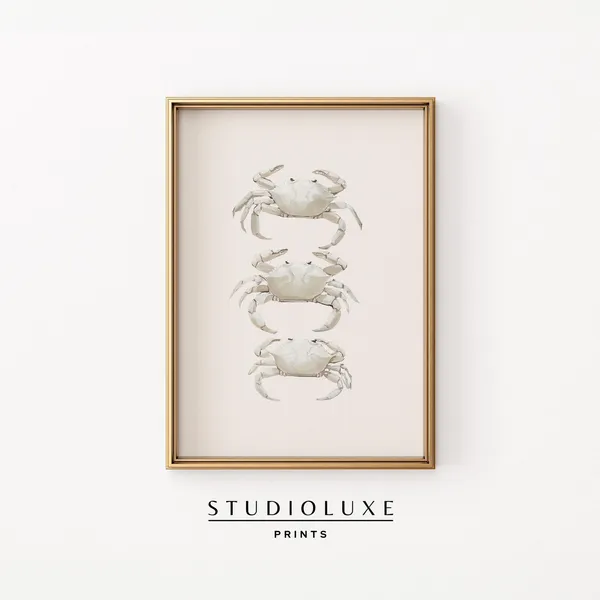 Minimalist White Crab Trio Art Print, Coastal Decor
