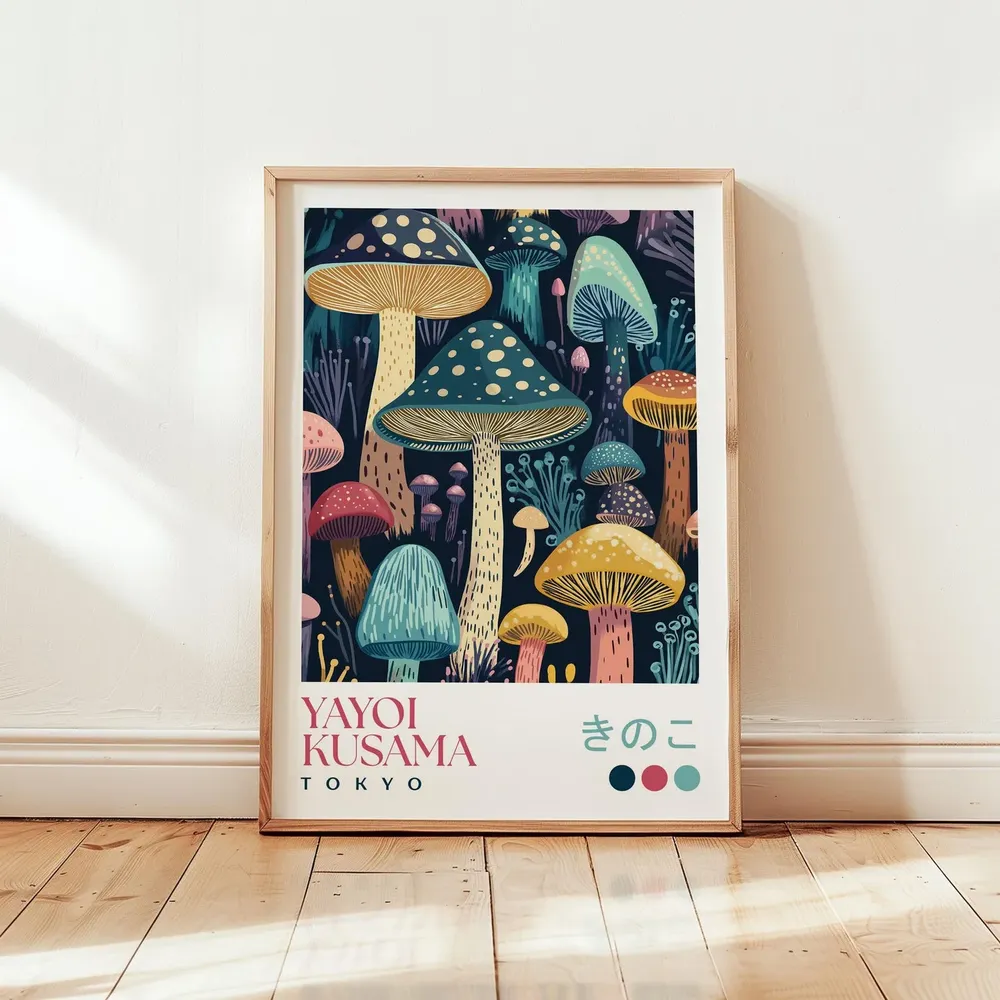 Yayoi Kusama Mushroom Art Print, Modern Japanese Decor