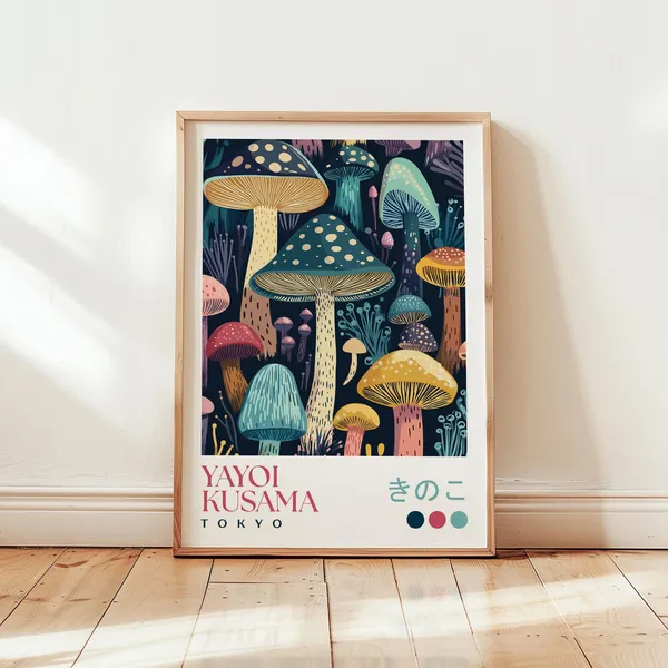 Yayoi Kusama Mushroom Art Print, Modern Japanese Decor