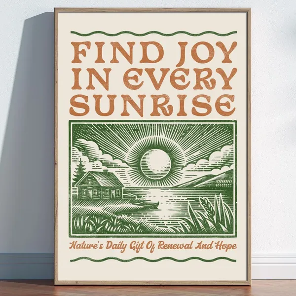 Vintage Sunrise Quote Art Print, Rustic Woodcut Style