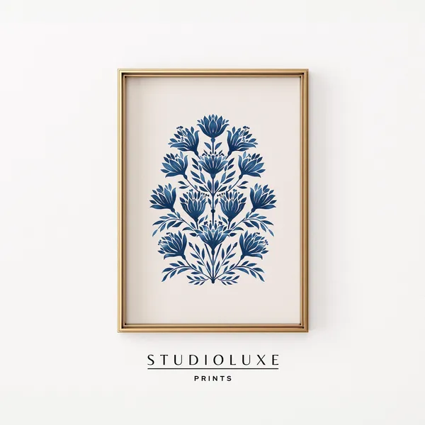 Blue Floral Block Print Art, Folk Botanical Decor