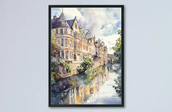 Bath Watercolor Travel Poster, England Cityscape