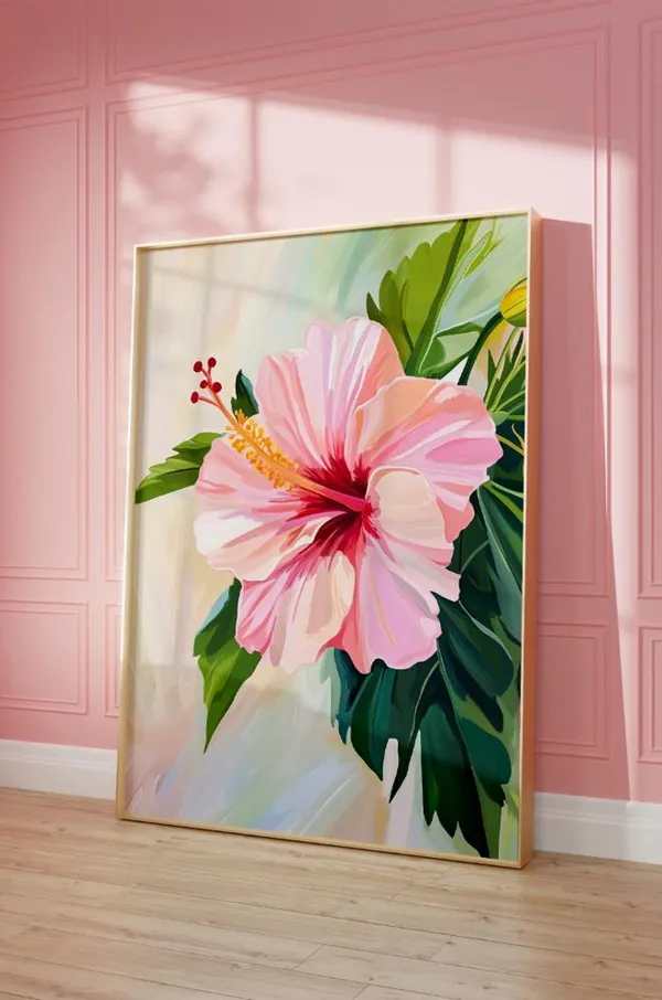 Pastel Hibiscus Flower Art Print, Coastal Wall Art