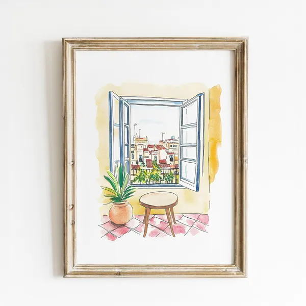 Spanish Window View Watercolor Print, Mediterranean Decor