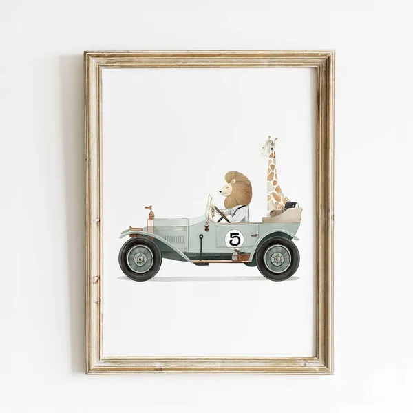 Lion And Giraffe In Vintage Car Nursery Art Print