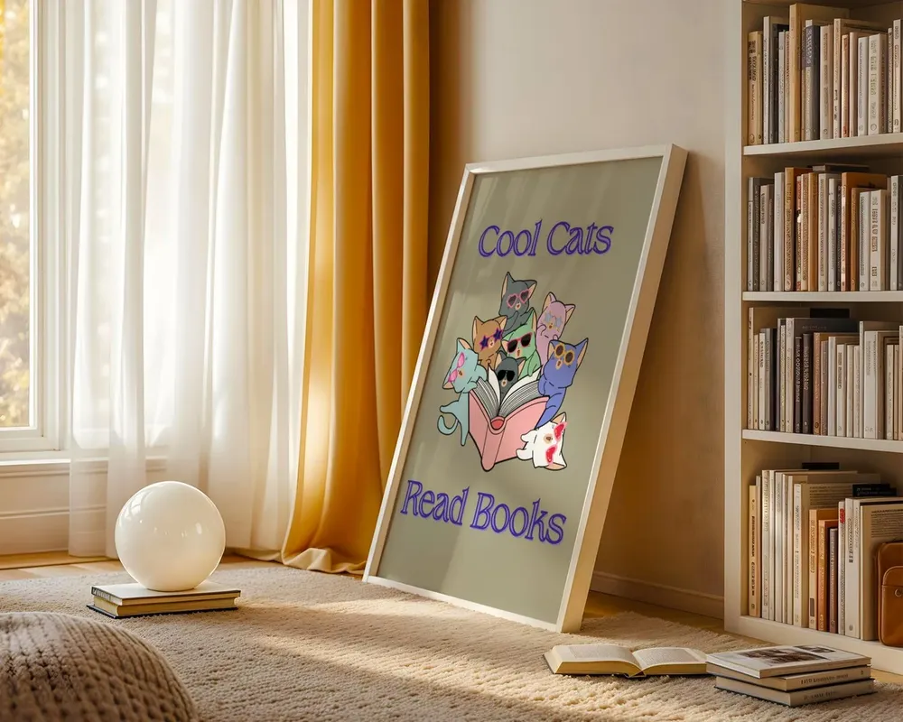 Cool Cats Read Books Poster, Fun Kitty Cat Art Print - Image 2