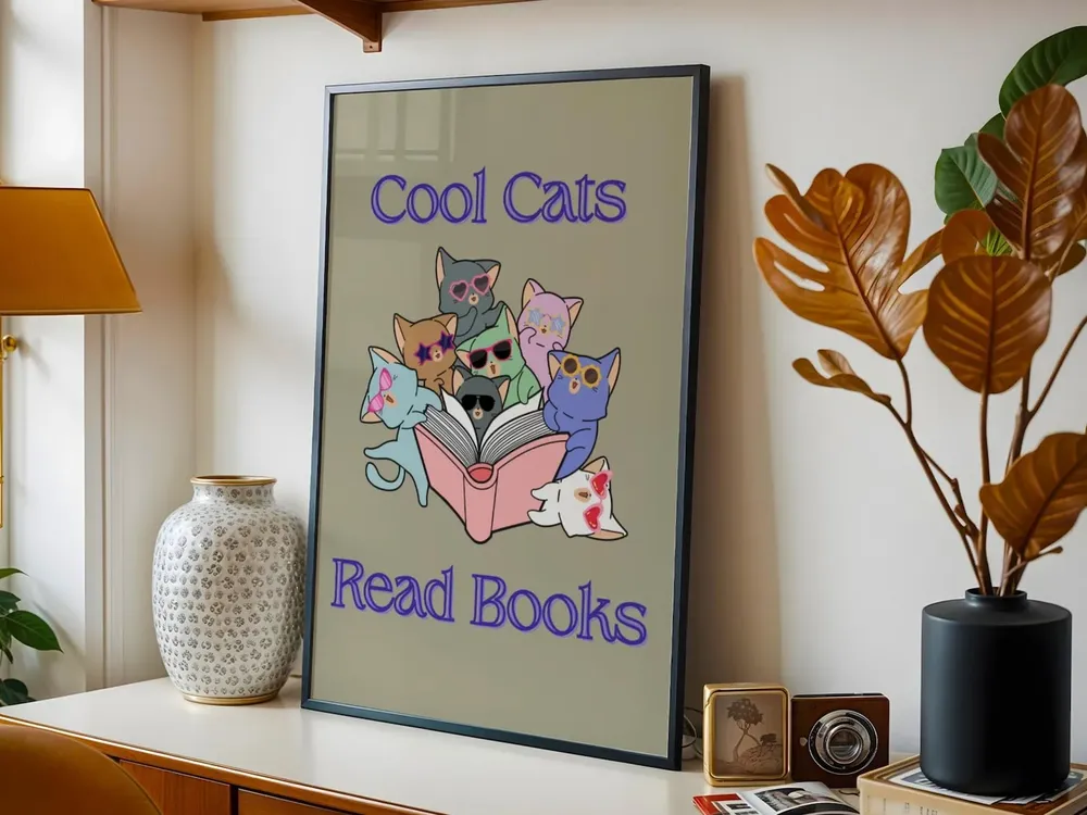 Cool Cats Read Books Poster, Fun Kitty Cat Art Print - Image 3
