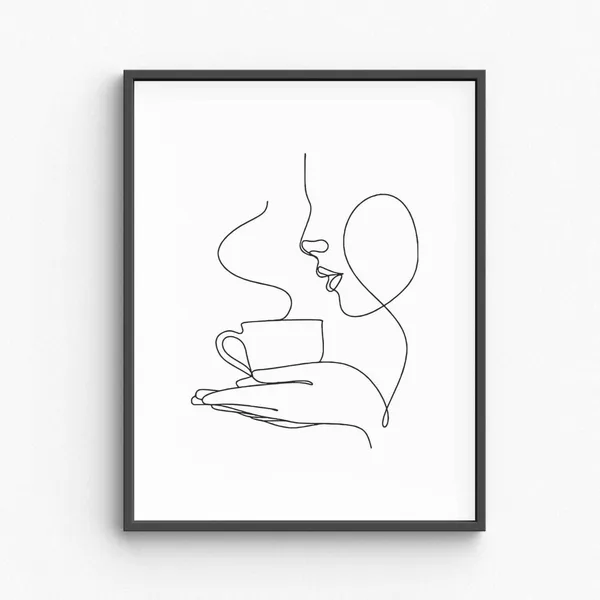 Minimalist Woman Silhouette Holding Coffee Line Art