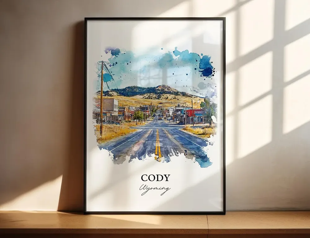 Cody Wyoming Watercolor Travel Poster, Housewarming