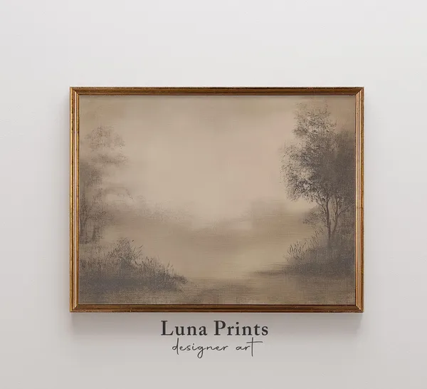 Muted Misty Landscape Painting, Neutral Art Print