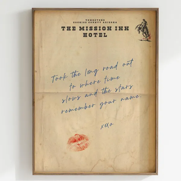 Vintage Western Hotel Love Letter Art Print, Boho Decor