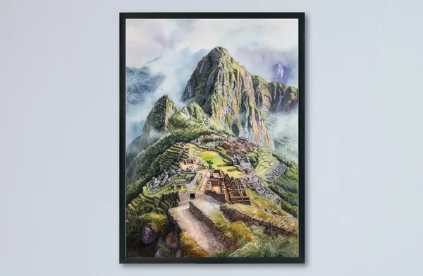 Machu Picchu Watercolor Travel Poster, Peru Decor