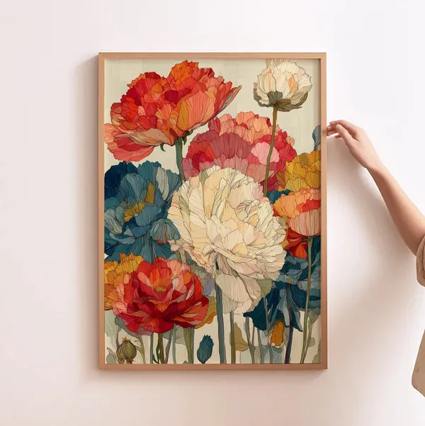 Peonies Colorful Flower Art Print, Maximalist