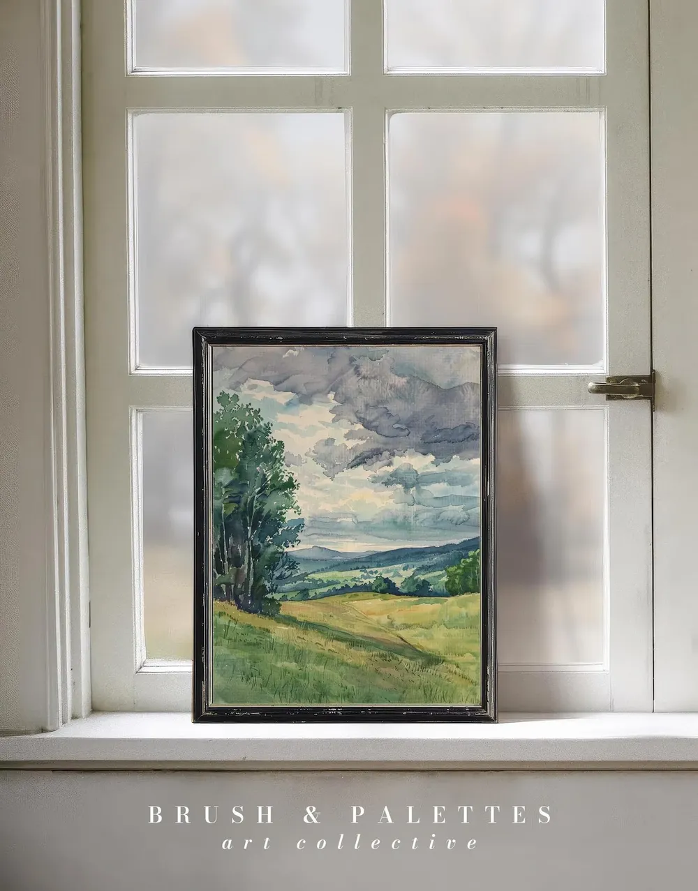 Stormy Summer Field Watercolor Landscape, Farmhouse Art - Image 3