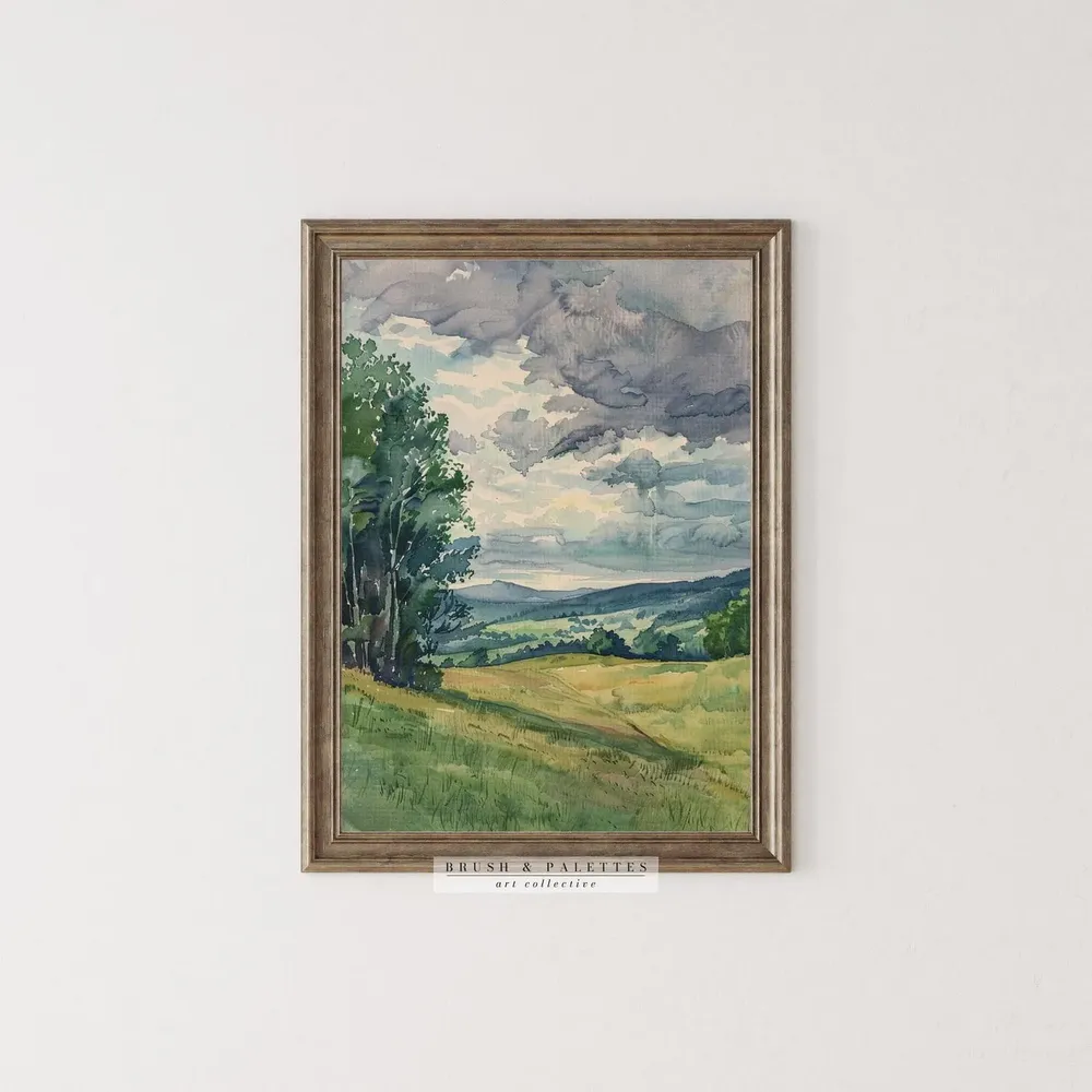 Stormy Summer Field Watercolor Landscape, Farmhouse Art - Image 2