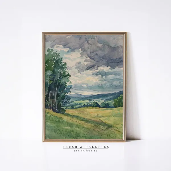 Stormy Summer Field Watercolor Landscape, Farmhouse Art
