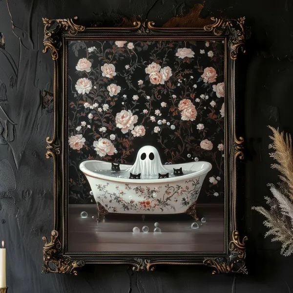Black Cats in Bathtub Halloween Cat Art Print