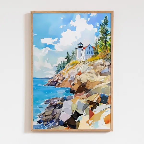 Acadia National Park Watercolor Print, Maine Coastal Landscape