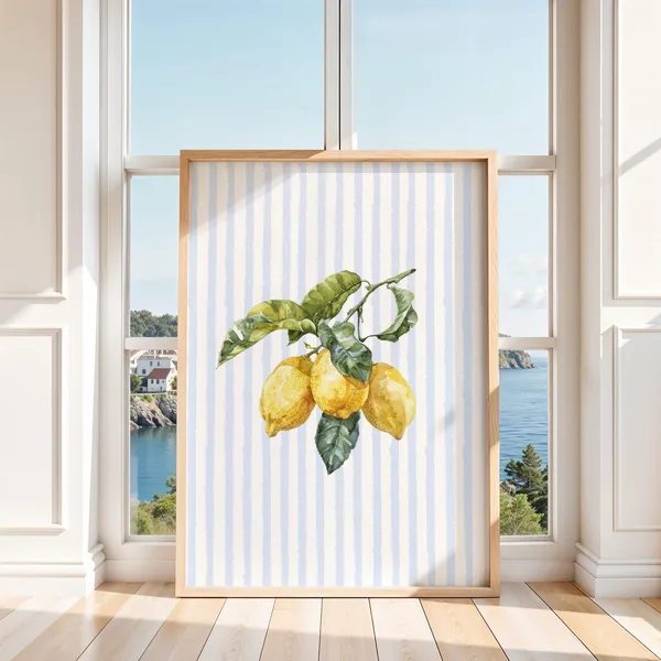 Lemon On Blue Stripe Coastal Kitchen Art Print