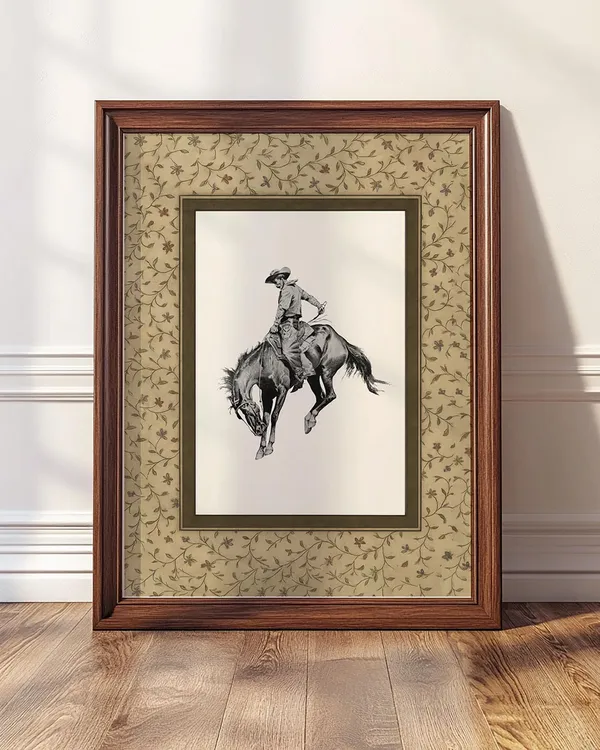 Cowboy Bucking Bronco Art Print, Retro Rodeo Sketch