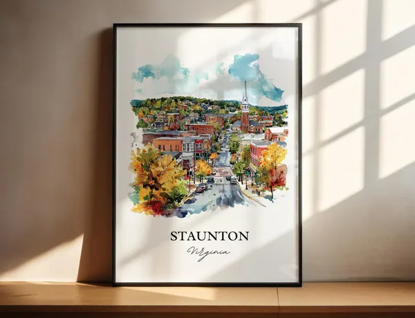 Staunton VA Watercolor Travel Poster, Virginia