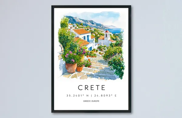 Crete Watercolor Travel Poster, Greek Island Decor