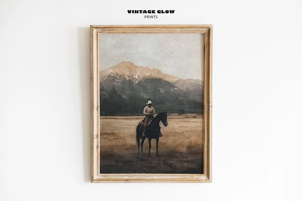 Western Cowboy Art Print, Vintage Mid-Century Decor