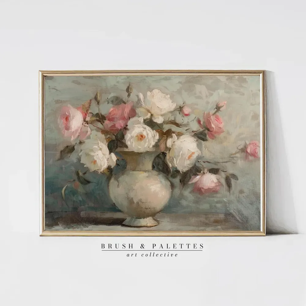Pink White Roses in Antique Vase, Vintage Floral Art Print