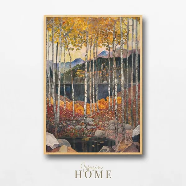 Golden Birch Forest Autumn Trees by Mountain Lake