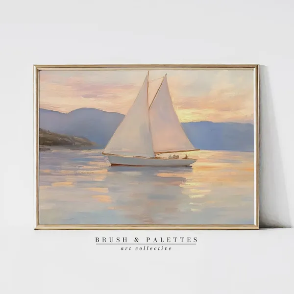 Sailboat At Sunset Oil Painting Print, Coastal Decor