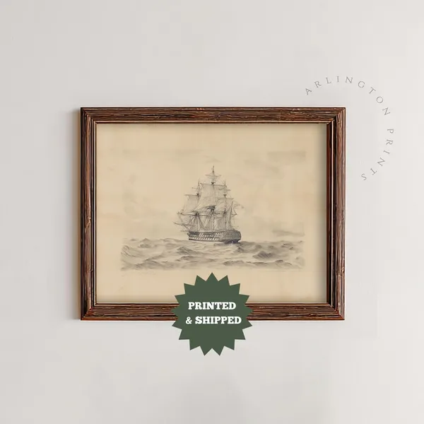 Vintage Battleship Art Print, Antique Nautical Sketch