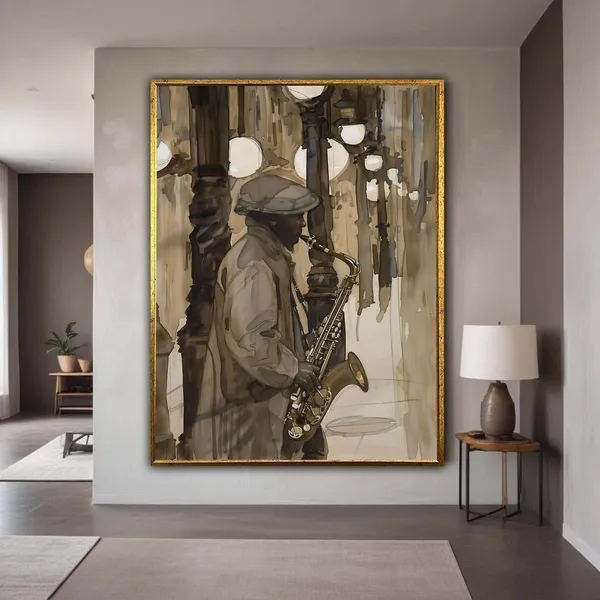 Jazz Musician Saxophone Art Print, City Night Scene