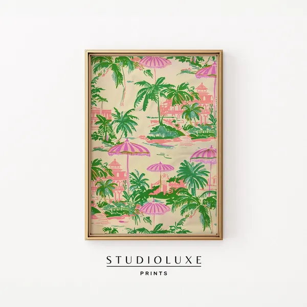 Palm Beach Tropical Toile Art Print, Coastal Preppy Decor