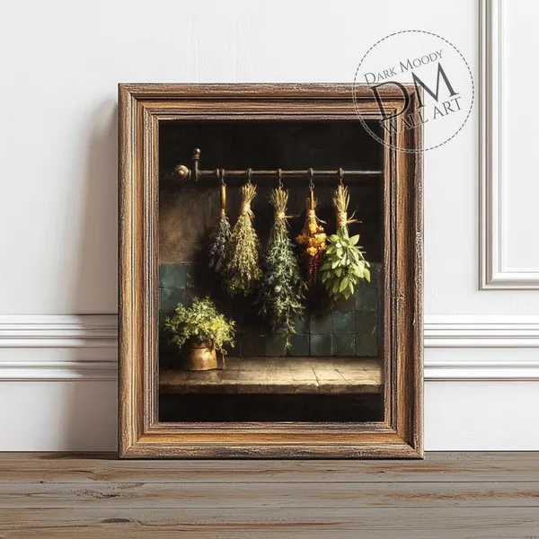 Italian Rustic Kitchen Herb Art Print, Moody Hanging Herbs